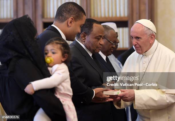 Pope Francis Meets President of Cameroon Paul Biya and wife Chantal on March 23, 2017 in Vatican City, Vatican.