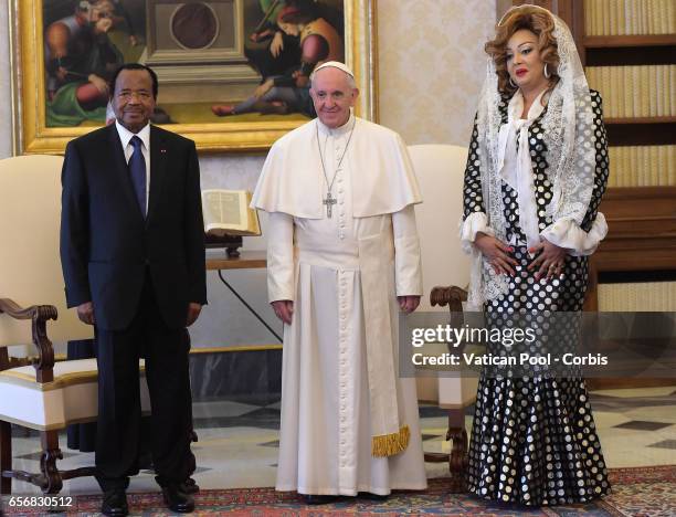 Pope Francis Meets President of Cameroon Paul Biya and wife Chantal on March 23, 2017 in Vatican City, Vatican.