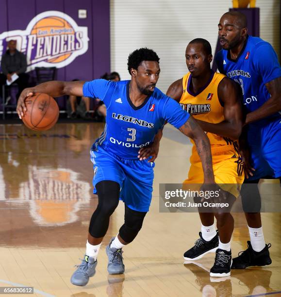 Ben Gordon of the Texas Legends dribbles the ball against the Los Angeles D-Fenders on March 22, 2017 at Toyota Sports Center in El Segundo,...