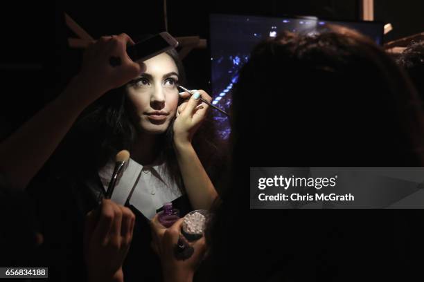 Model being styled backstage ahead of the Mert Erkan show during Mercedes-Benz Istanbul Fashion Week March 2017 at Grand Pera on March 23, 2017 in...