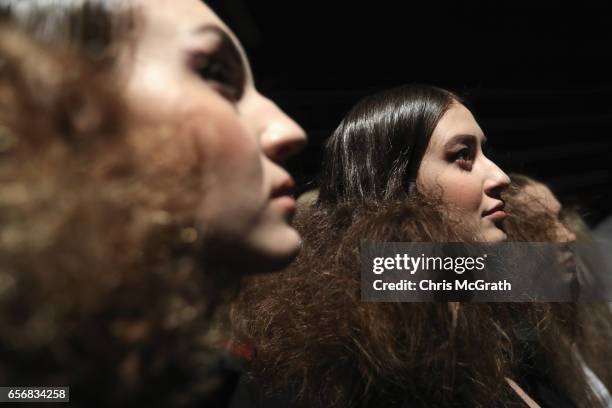 Models pose backstage ahead of the Mert Erkan show during Mercedes-Benz Istanbul Fashion Week March 2017 at Grand Pera on March 23, 2017 in Istanbul,...