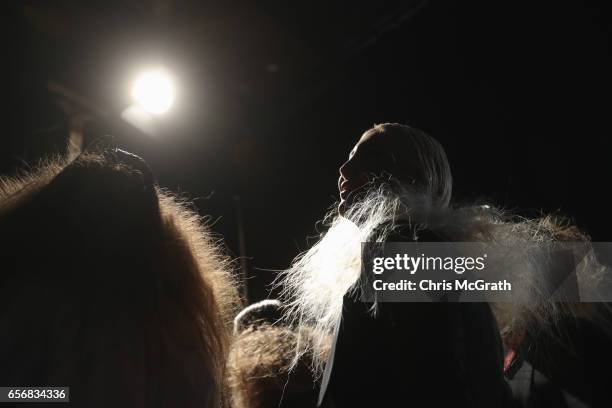 Model poses backstage ahead of the Mert Erkan show during Mercedes-Benz Istanbul Fashion Week March 2017 at Grand Pera on March 23, 2017 in Istanbul,...