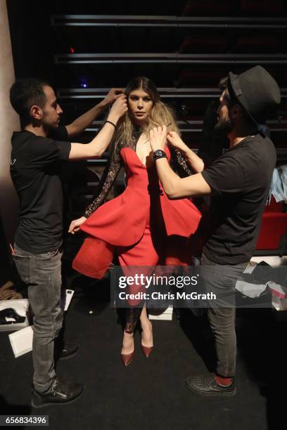 Model being styled backstage ahead of the Mert Erkan show during Mercedes-Benz Istanbul Fashion Week March 2017 at Grand Pera on March 23, 2017 in...