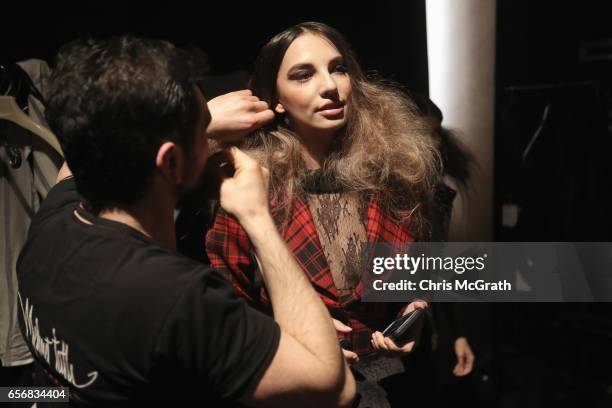 Model being styled backstage ahead of the Mert Erkan show during Mercedes-Benz Istanbul Fashion Week March 2017 at Grand Pera on March 23, 2017 in...