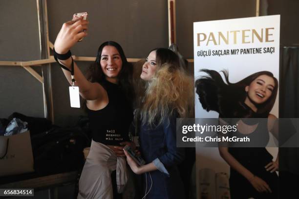 Models pose backstage ahead of the Mert Erkan show during Mercedes-Benz Istanbul Fashion Week March 2017 at Grand Pera on March 23, 2017 in Istanbul,...