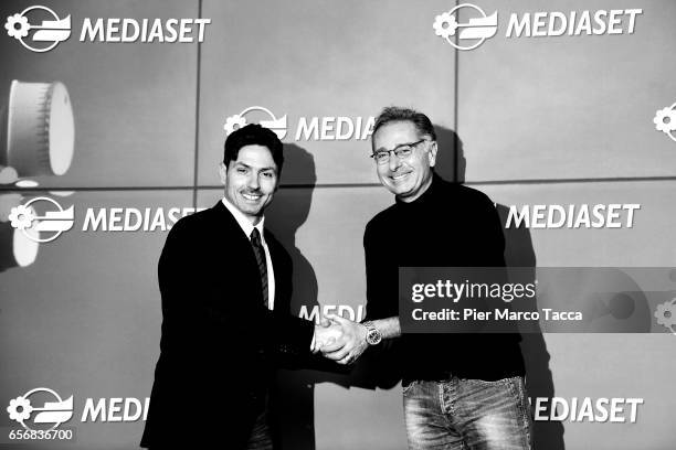 Pier Silvio Berlusconi and Paolo Bonolis attend the Paolo Bonolis press meeting on March 23, 2017 in Milan, Italy.