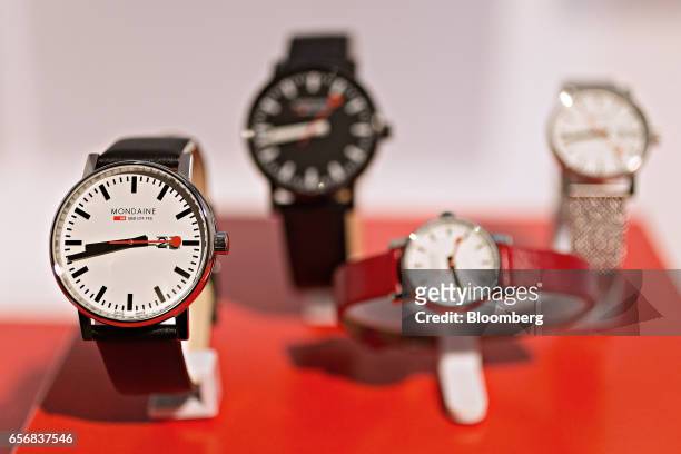 Classic Automatic official Swiss Railways model wristwatch, produced by Mondaine Watch Ltd., stands on display at the company's booth during the 2017...