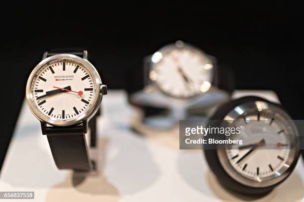 Stop2go official Swiss Railways model wristwatch, produced by Mondaine Watch Ltd., stands on display at the company's booth during the 2017...