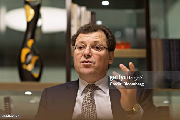 Thierry Stern, chairman of Patek Philippe SA, gestures as he speaks during an interview at the company's booth during the 2017 Baselworld luxury...