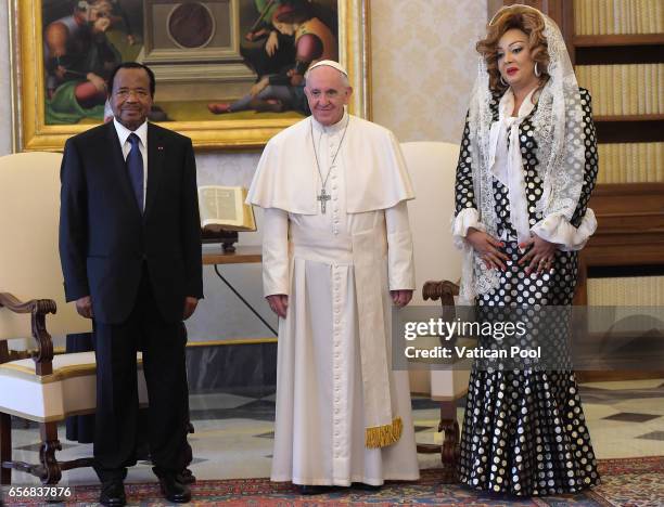 Pope Francis receives President of the Republic of Cameroon, Paul Biya and his wife Chantal Biya in a private audience at the Apostolic Palace on...