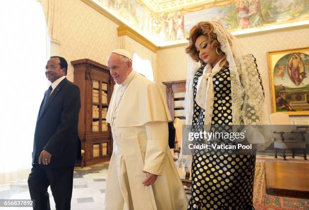 Pope Francis receives President of the Republic of Cameroon, Paul Biya and his wife Chantal Biya in a private audience at the Apostolic Palace on...