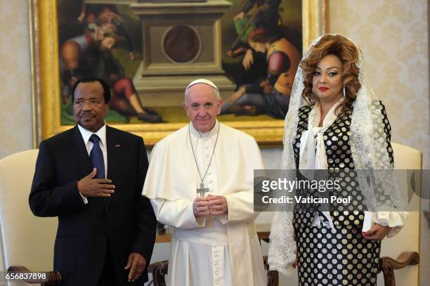 Pope Francis receives President of the Republic of Cameroon, Paul Biya and his wife Chantal Biya in a private audience at the Apostolic Palace on...