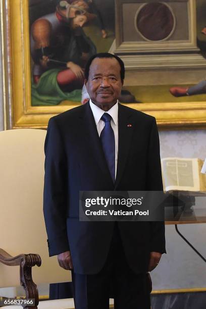 President of the Republic of Cameroon, Paul Biya meets Pope Francis during a private audience at the Apostolic Palace on March 23, 2017 in Vatican...