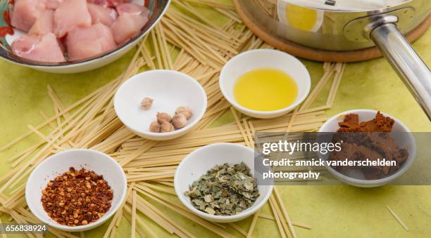 kao soi noodles soup ingredients. - coconut chunks stock pictures, royalty-free photos & images