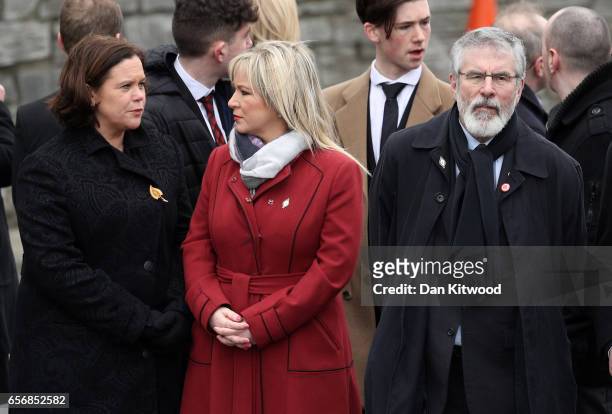 Sinn Fein Southern leader Mary Lou McDonald, Northern Ireland Leader, Michelle O'Neill and Sinn Fein President Gerry Adams arrive at St Columba's...