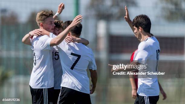 Erik Majetschak of Germany celebrates his goal with his teammates during the UEFA U17 elite round match between Germany and Armenia on March 23, 2017...