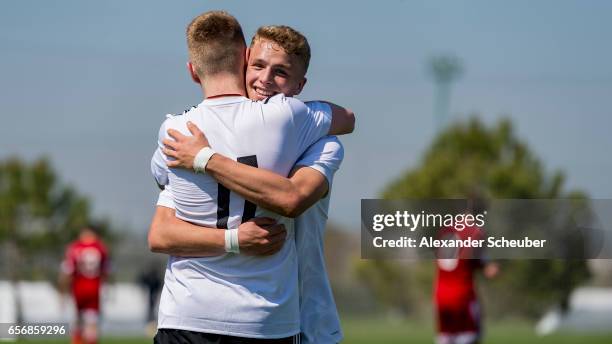 Jann-Fiete Arp of Germany celebrates his goal with his teammates during the UEFA U17 elite round match between Germany and Armenia on March 23, 2017...