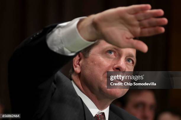 Jay Claton testifies before the Senate Banking Committee during his confirmation hearing to be chairman of the Securities and Exchange Commission in...