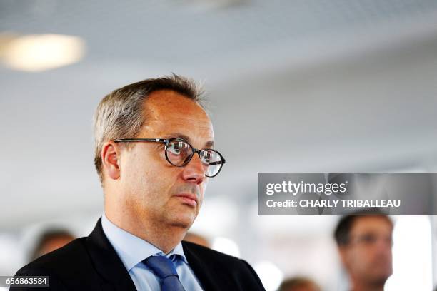 Jerome Pecresse, General Electric Renewable Energy's CEO for France, looks on on March 23, 2017 during the laying of the first foundation stone of...