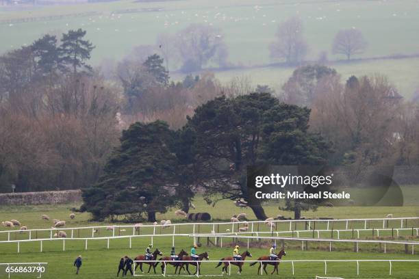 Jockeys parade at the start of the Rockwool Novices' Handicap Hurdle race at Chepstow Racecourse on March 23, 2017 in Chepstow, Wales.
