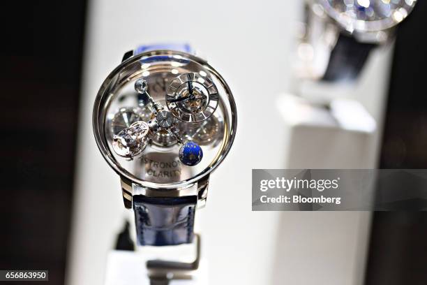 An Astronomia Clarity tourbillion model luxury wristwatch, produced by Jacob & Co., stands on display during the 2017 Baselworld luxury watch and...