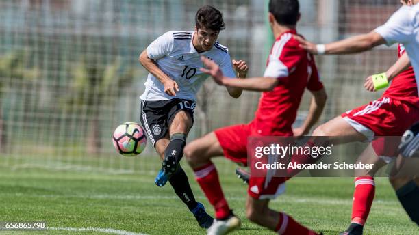 Elias Abouchabaka of Germany scores a goal during the UEFA U17 elite round match between Germany and Armenia on March 23, 2017 in Manavgat, Turkey.