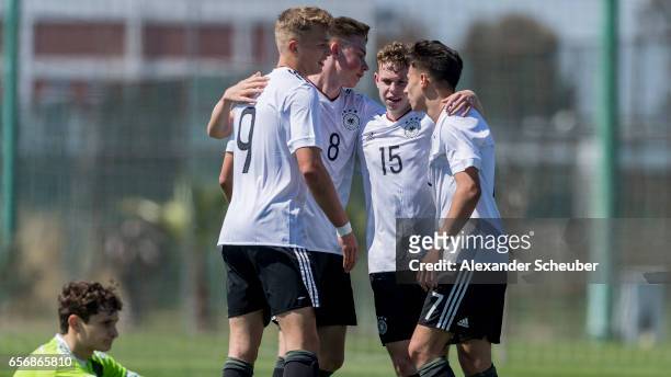 Erik Majetschak of Germany celebrates his goal with his teammates during the UEFA U17 elite round match between Germany and Armenia on March 23, 2017...