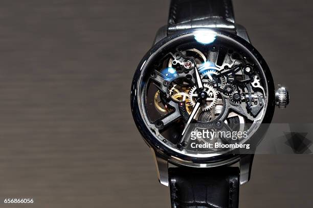 Masterpiece Skeleton model luxury wristwatch, produced by Maurice Lacroix SA, stands on display during the 2017 Baselworld luxury watch and jewelry...