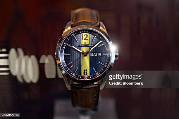 Day Date Quartz Broadway model luxury wristwatch, produced by Hamilton International Ltd., stands on display during the 2017 Baselworld luxury watch...