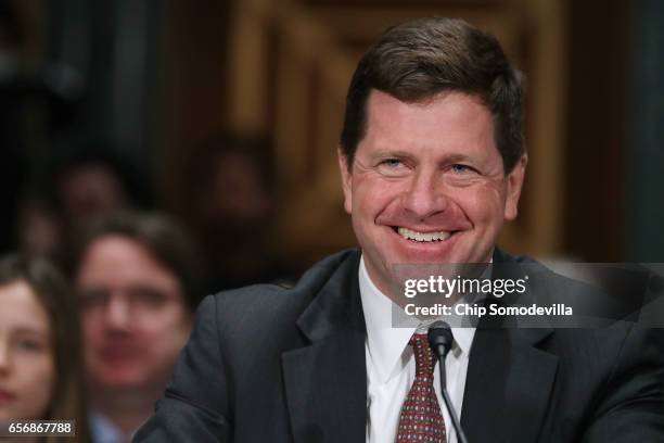 Jay Claton testifies before the Senate Banking Committee during his confirmation hearing to be chairman of the Securities and Exchange Commission in...