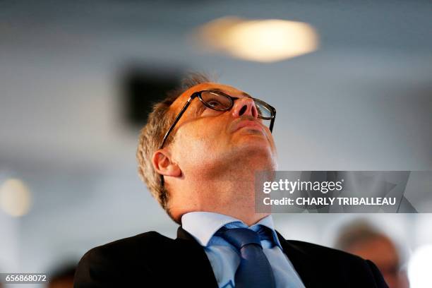 Jerome Pecresse, General Electric Renewable Energy's CEO for France looks up during a ceremony to set up the first foundation stone of the LM Wind...