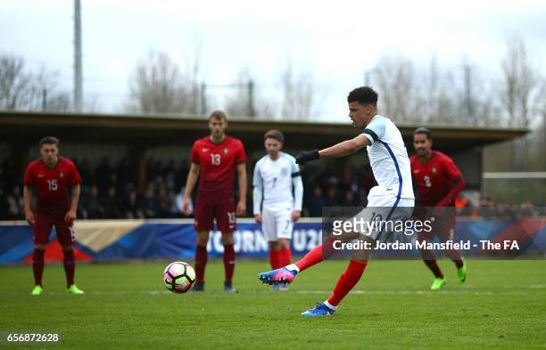Domonik Solanke of England scores his sides first goal from the penalty spot during the UEFA U20 International Friendly match between England and...