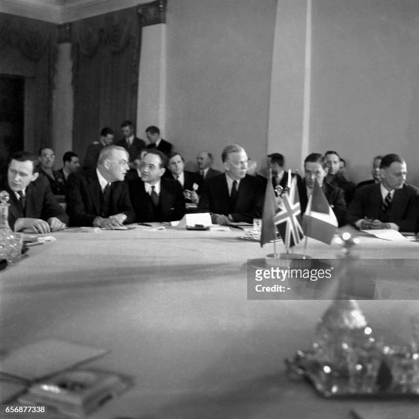 Representatives including General and Secretary of State George Marshall attend the Moscow Conference in March 1947 in Moscow. The Big Four...