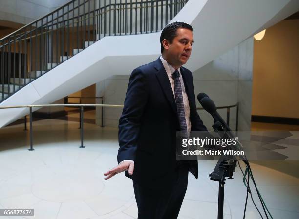 Chairman of the House Intelligence Committee, Devin Nunes speaks to reporters after leaving a closed meeting with fellow committee members, on...