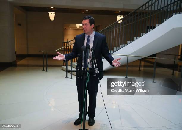 Chairman of the House Intelligence Committee, Devin Nunes speaks to reporters after leaving a closed meeting with fellow committee members, on...