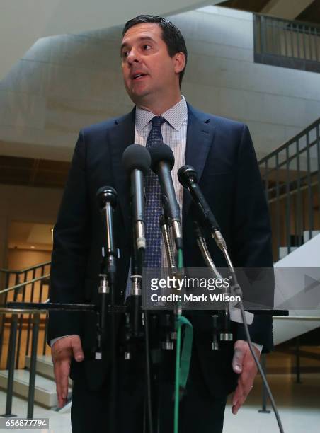 Chairman of the House Intelligence Committee, Devin Nunes speaks to reporters after leaving a closed meeting with fellow committee members, on...