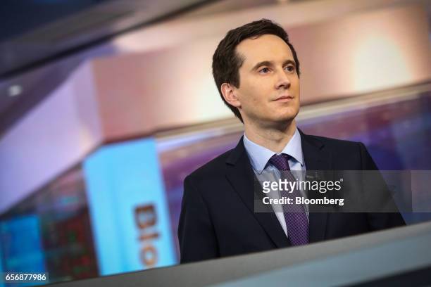 Ian Lyngen, head of U.S. Rates strategy at BMO Capital Markets Corp., listens during a Bloomberg Television interview in New York, U.S., on Thursday,...