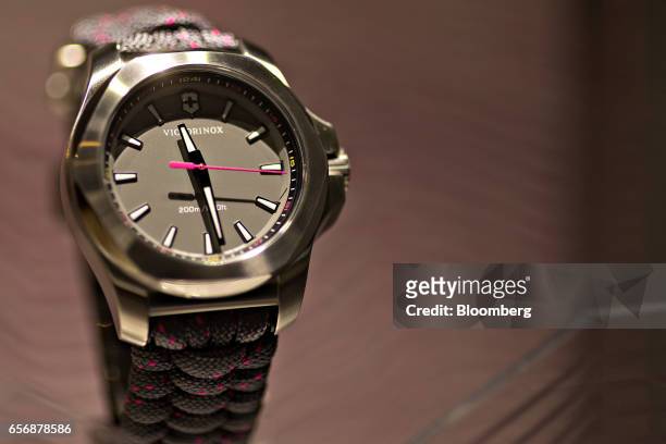 An I.N.O.X. Model luxury wristwatch, produced by Victorinox AG, stands on display during the 2017 Baselworld luxury watch and jewelery fair in Basel,...