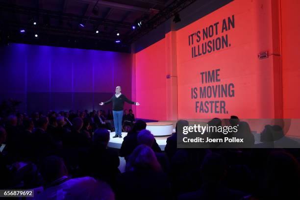 Novelist and Artist Douglas Coupland speaks during Spotlight Live: the Konica Minolta Workplace Hub Launch at at Umspannwerk Alexanderplatz on March...