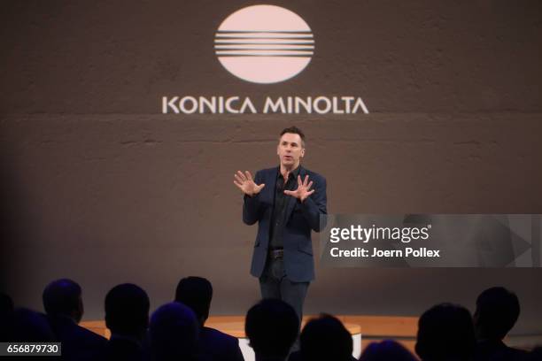 Presenter Spencer Kelly speaks during Spotlight Live: the Konica Minolta Workplace Hub Launch at at Umspannwerk Alexanderplatz on March 23, 2017 in...
