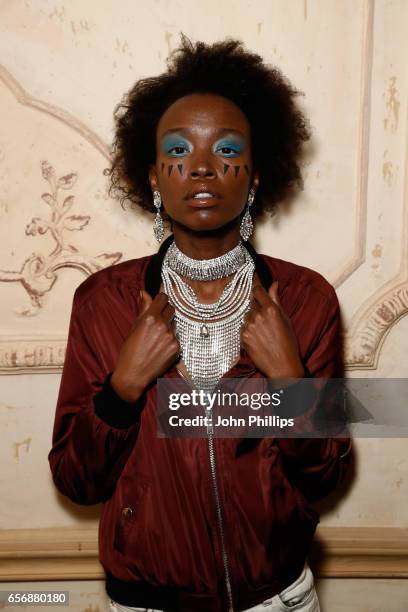 Model poses backstage ahead of the Mercedes-Benz Presents DB Berdan show during Mercedes-Benz Istanbul Fashion Week March 2017 at Grand Pera on March...