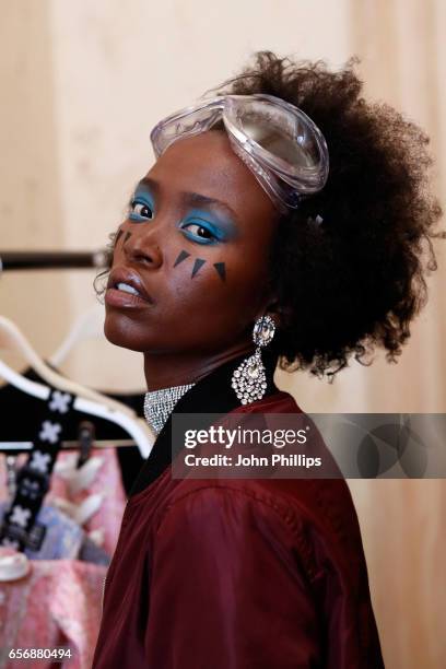 Model backstage ahead of the Mercedes-Benz Presents DB Berdan show during Mercedes-Benz Istanbul Fashion Week March 2017 at Grand Pera on March 23,...