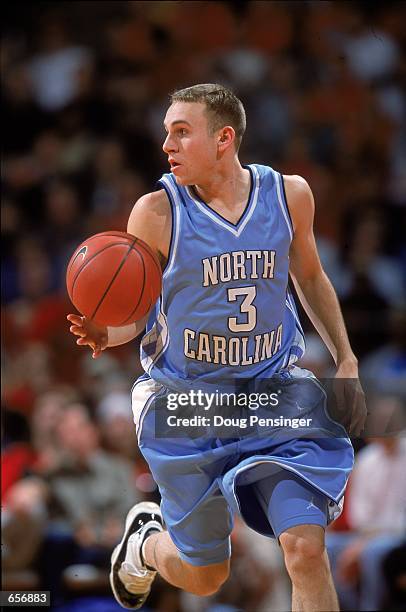 Brian Morrison of the North Carolina Tar Heels dribbles the ball during the game against the Maryland Terrapins at the Cole Field House in College...