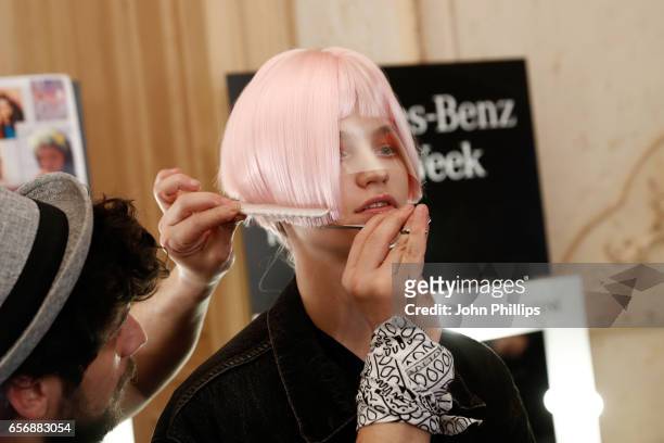 Model backstage ahead of the Mercedes-Benz Presents DB Berdan show during Mercedes-Benz Istanbul Fashion Week March 2017 at Grand Pera on March 23,...