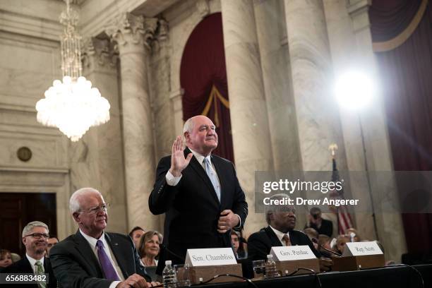 Sonny Perdue, President TrumpÕs nominee to lead the Agriculture Department, is sworn-in during his confirmation hearing before the Senate Committee...