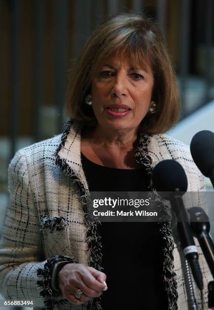 House Intelligence Committee member Rep. Jackie Speier speaks to reporters after leaving a closed meeting with fellow committee members, on Capitol...