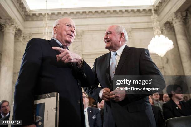 Sen. Patrick Leahy talks with Sonny Perdue, President TrumpÕs nominee to lead the Agriculture Department, before the start of Perdue's confirmation...