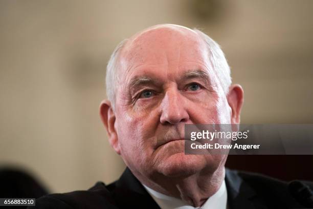 Sonny Perdue, President TrumpÕs nominee to lead the Agriculture Department, looks on during his confirmation hearing before the Senate Committee on...