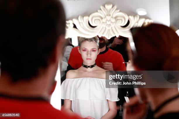 Model backstage ahead of the Mercedes-Benz Presents DB Berdan show during Mercedes-Benz Istanbul Fashion Week March 2017 at Grand Pera on March 23,...