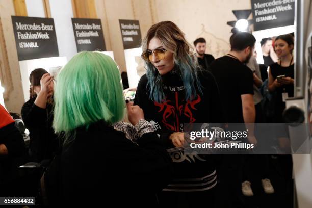 Designer Deniz Berdan backstage ahead of the Mercedes-Benz Presents DB Berdan show during Mercedes-Benz Istanbul Fashion Week March 2017 at Grand...